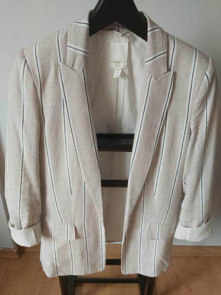 Bej Çizgili Regular Fit Keten Kadın Blazer - Görsel 2