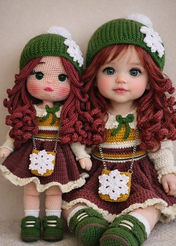 Renkli Kahverengi Saçlı Amigurumi Bebek Seti - Görsel 4