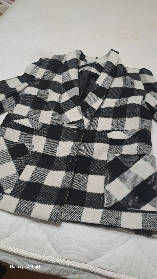 Düğmeli Gri Ekose Midi Kadın Kaban - Görsel 2