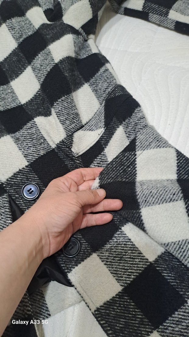 Düğmeli Gri Ekose Midi Kadın Kaban - Görsel 4