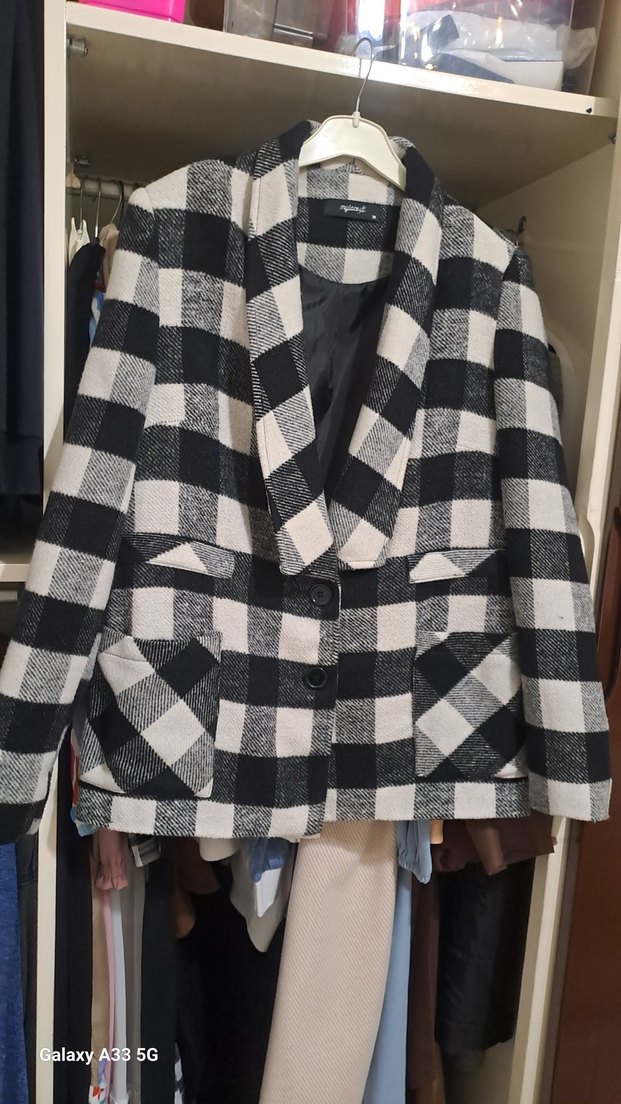 Düğmeli Gri Ekose Midi Kadın Kaban - Görsel 5