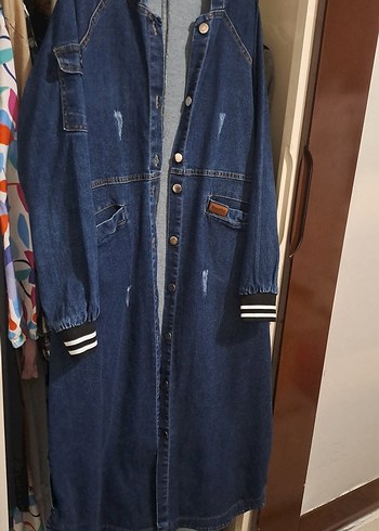 Düğmeli Uzun Mavi Denim Ceket