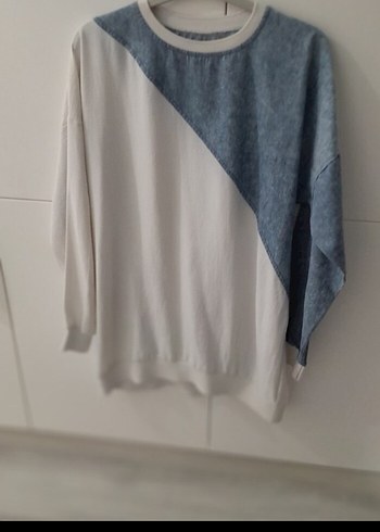 Kadın Beyaz Denim Detaylı Salaş Sweatshirt - Görsel 4