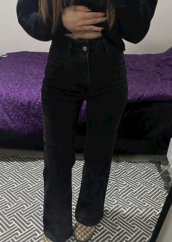 Düğmeli Siyah bol paça Kadın Kot Pantolon - Görsel 2