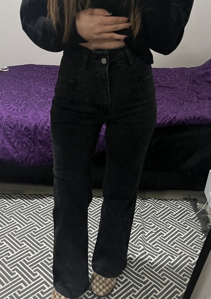 Düğmeli Siyah bol paça Kadın Kot Pantolon - Görsel 2