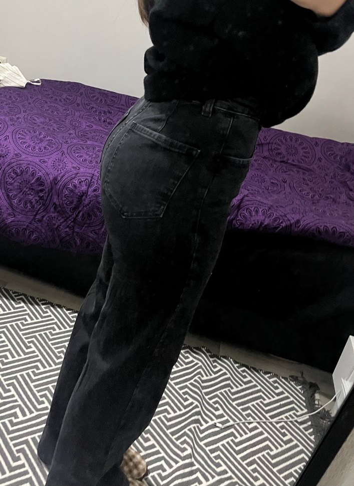 Düğmeli Siyah bol paça Kadın Kot Pantolon - Görsel 4