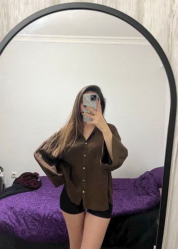 Düğmeli Kahverengi Kadın Gömlek - Görsel 2