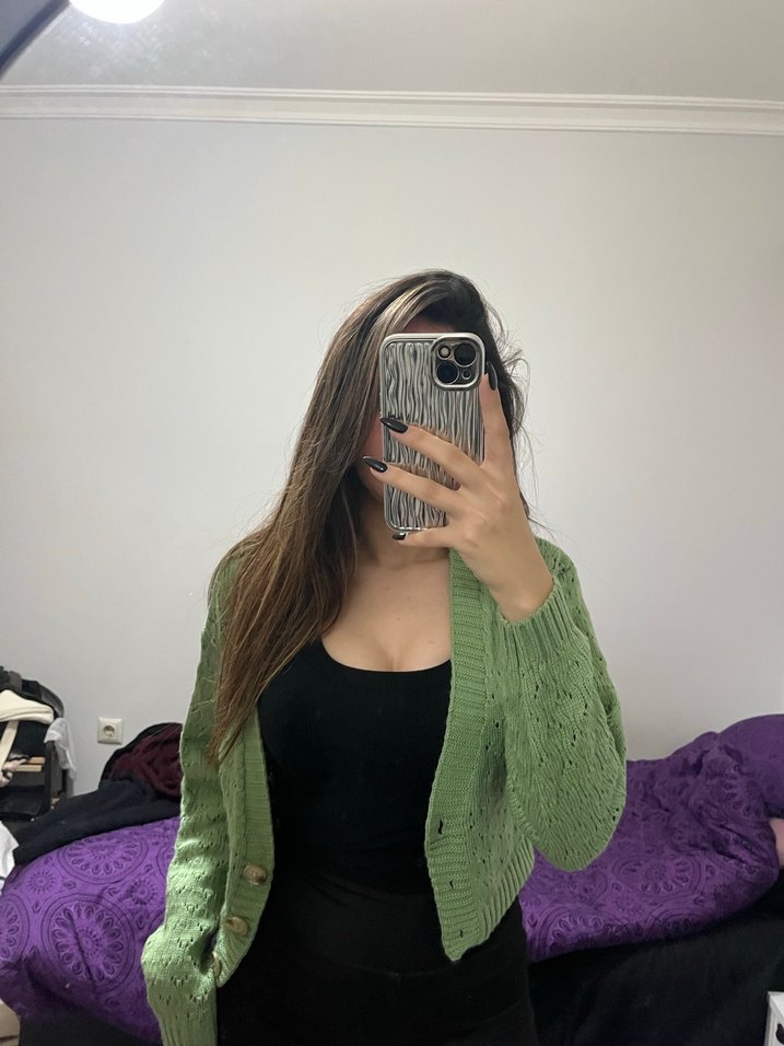 V Yaka Örgü Hırka, Normal Boy, Fit Kesim, Haki - Görsel 3