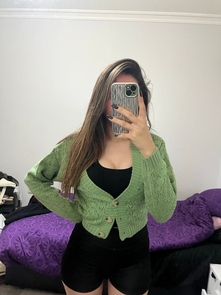 V Yaka Örgü Hırka, Normal Boy, Fit Kesim, Haki - Görsel 2