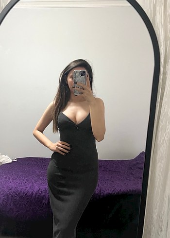 Antrasit V Yaka İnce Askılı Elbise - Görsel 2