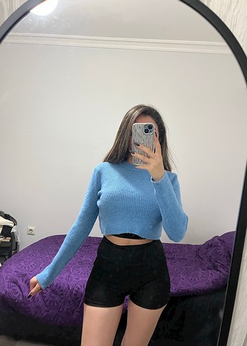 Mavi Mini Örgü Kadın Kazak - Görsel 2