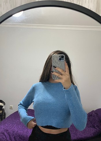 Mavi Mini Örgü Kadın Kazak - Görsel 3