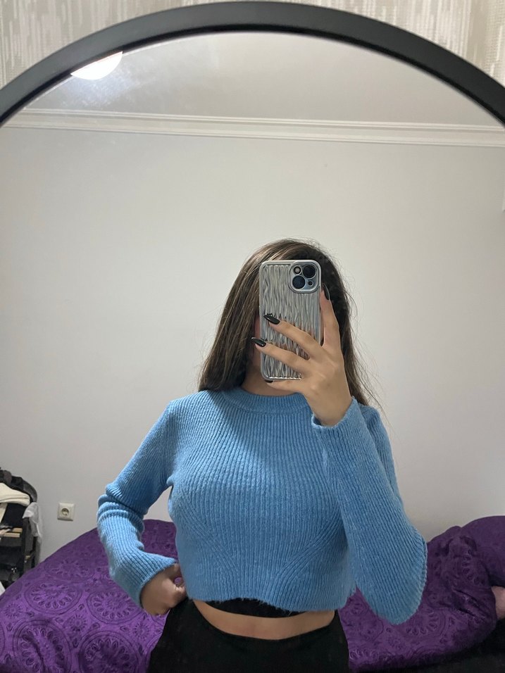 Mavi Mini Örgü Kadın Kazak - Görsel 3