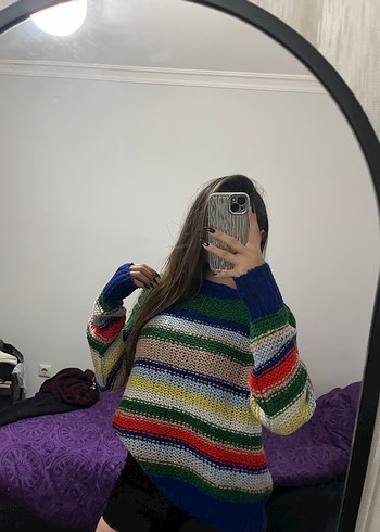 Çizgili Rahat Örgü Kadın Kazak - Görsel 3