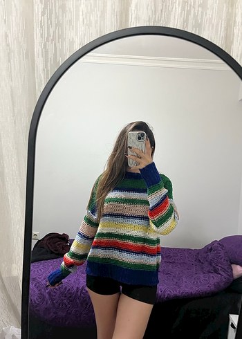 Çizgili Rahat Örgü Kadın Kazak - Görsel 2