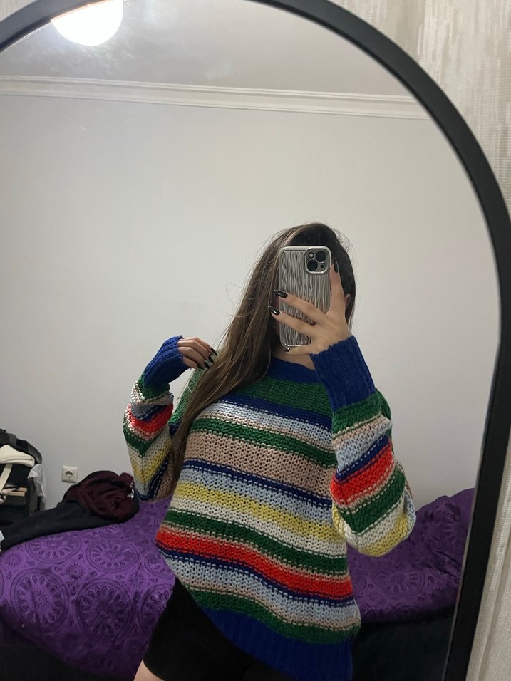 Çizgili Rahat Örgü Kadın Kazak - Görsel 3