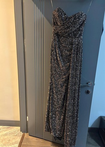 bakır renk boncuklu straplez abiye - Görsel 7