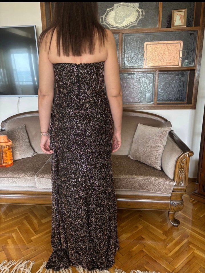 bakır renk boncuklu straplez abiye - Görsel 4