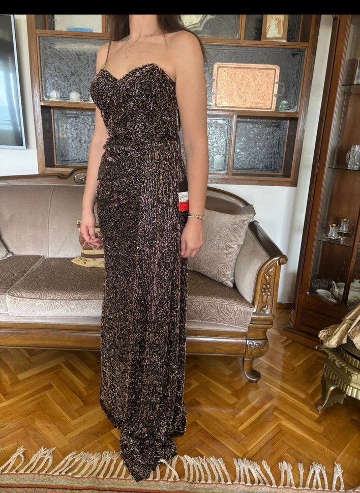 bakır renk boncuklu straplez abiye - Görsel 2