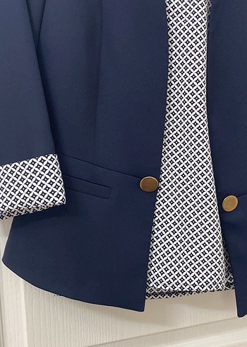 Lacivert Düğmeli Kadın Blazer 3lü etekli takım - Görsel 2