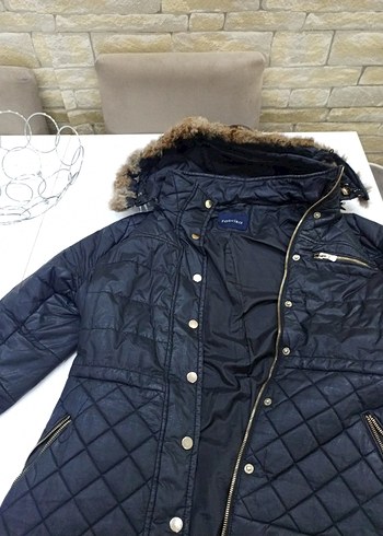 Siyah Kadın Midi Kaban, Kürklü Kapüşonlu - Görsel 8