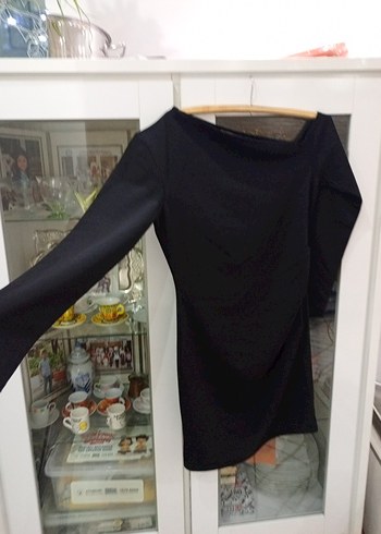 Siyah Drapeli Uzun Kollu Midi Elbise - Görsel 4