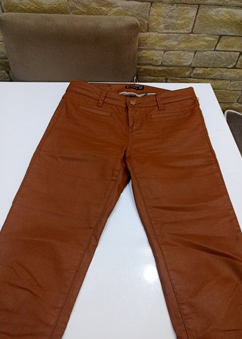 Düğmeli Kahverengi Kadın Deri Pantolon - Görsel 6