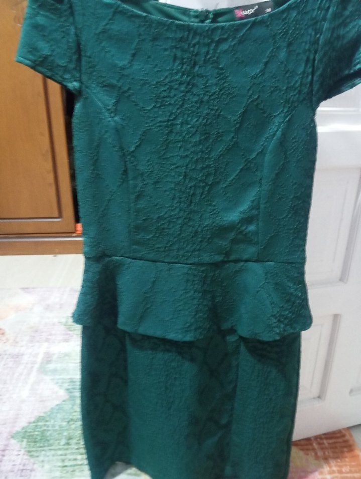 Yeşil Parlak kendinden desenli elbise
 Fermuarlı diz hizasında - Görsel 3