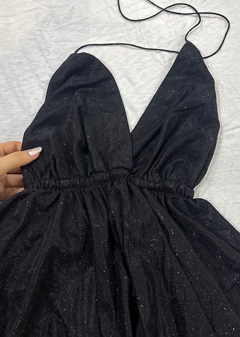 s Beden Siyah Drapeli Uzun V Yaka Gece Elbisesi