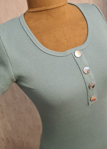 Düğmeli Turkuaz Hamile Kısa Kollu Tişört - Görsel 2
