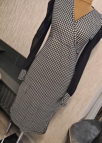 Uzun Kollu Siyah Ekose Kalem Elbise - Görsel 5