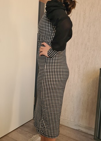 Uzun Kollu Siyah Ekose Kalem Elbise - Görsel 2