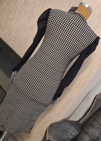 Uzun Kollu Siyah Ekose Kalem Elbise - Görsel 6