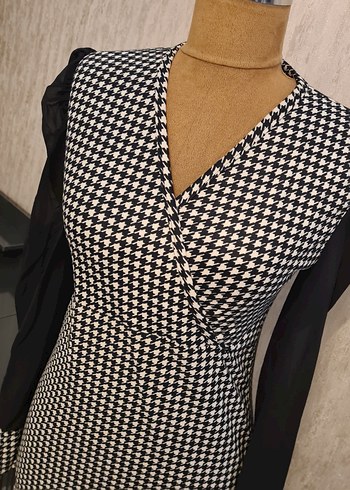 Uzun Kollu Siyah Ekose Kalem Elbise - Görsel 3