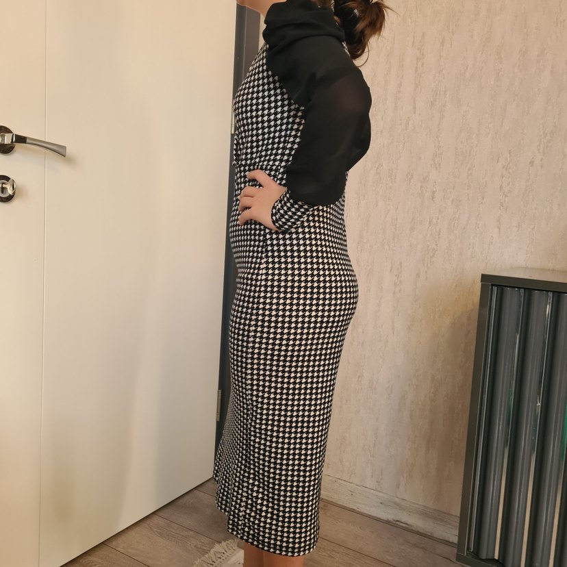 Uzun Kollu Siyah Ekose Kalem Elbise - Görsel 2