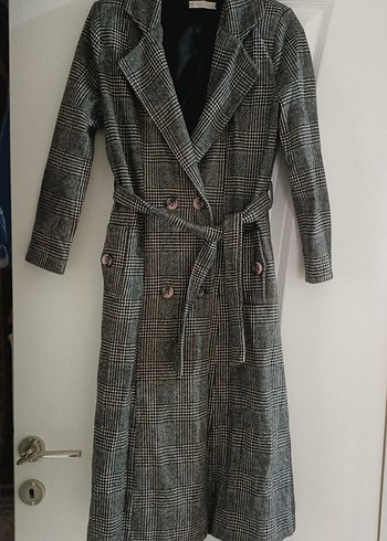 Gri Düğmeli Uzun Kadın Denim Kaban - Görsel 2