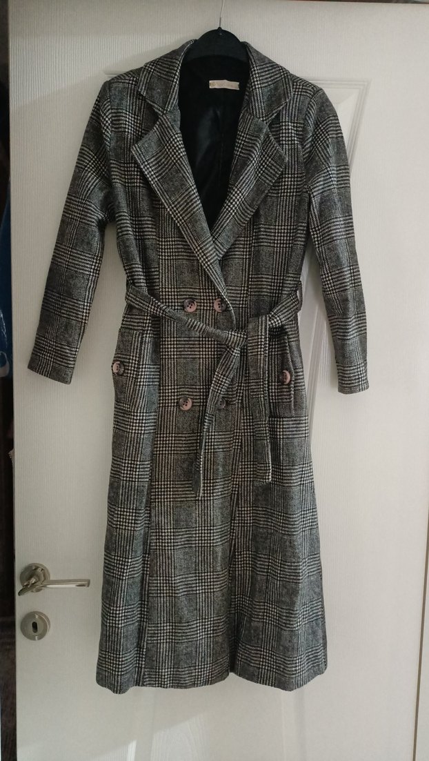 Gri Düğmeli Uzun Kadın Denim Kaban - Görsel 2