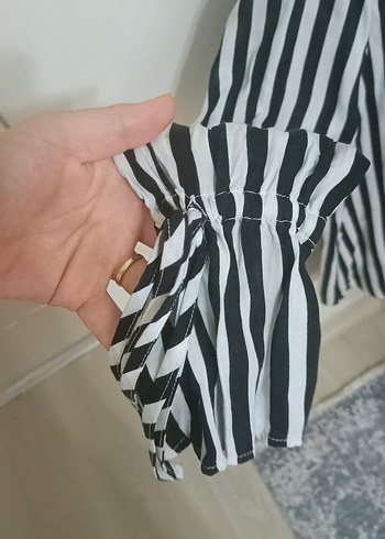 Defacto Kadın Siyah Çizgili Bağcıklı Gömlek - Görsel 3