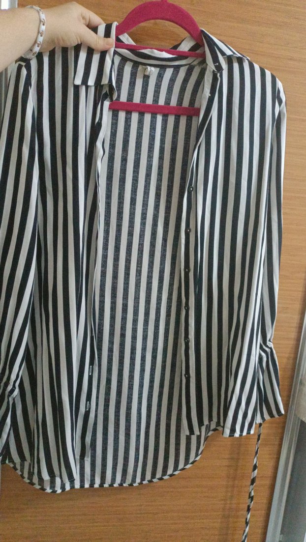 Defacto Kadın Siyah Çizgili Bağcıklı Gömlek - Görsel 4