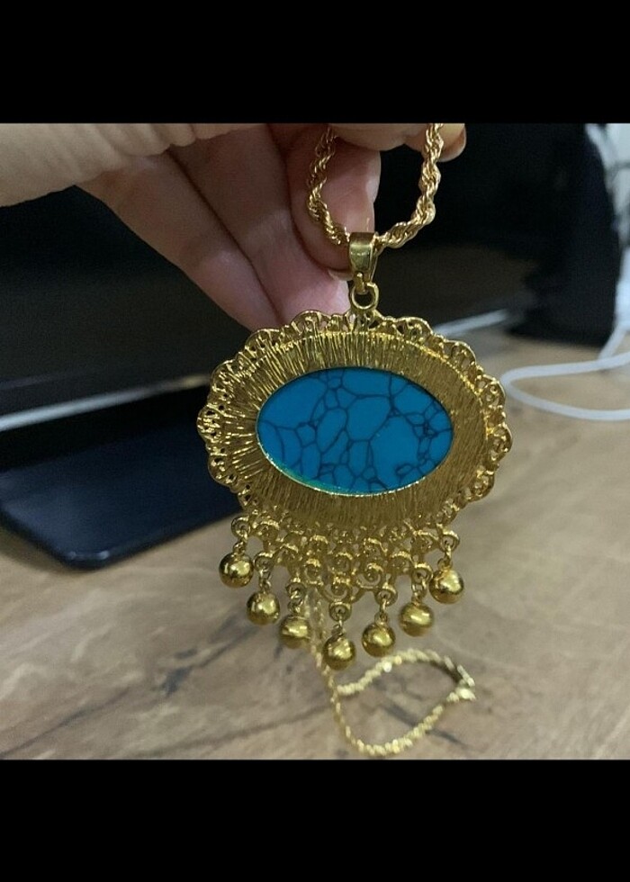 22 ayar altın kaplama Firuze taşlı kolye ucu - Görsel 3