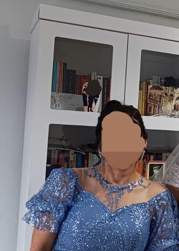 Dantel Detaylı V Yaka Mavi Midi Abiye Elbise - Görsel 4