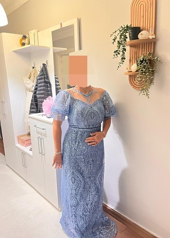 Dantel Detaylı V Yaka Mavi Midi Abiye Elbise - Görsel 2