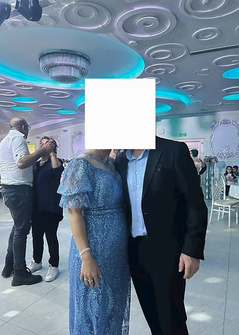 Dantel Detaylı V Yaka Mavi Midi Abiye Elbise - Görsel 5