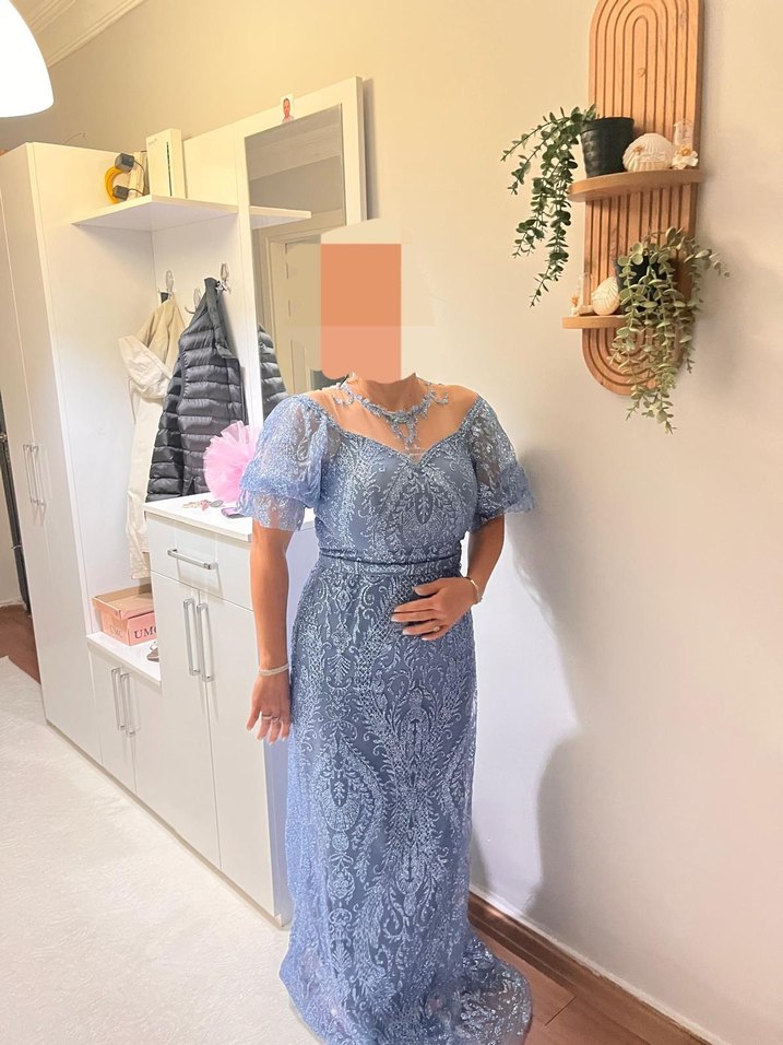 Dantel Detaylı V Yaka Mavi Midi Abiye Elbise - Görsel 2