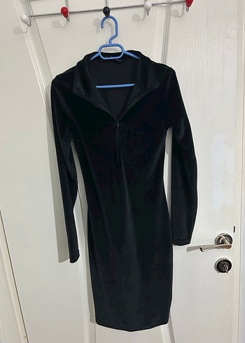 Siyah Fermuarlı Uzun Kollu Mini Elbise - Görsel 2