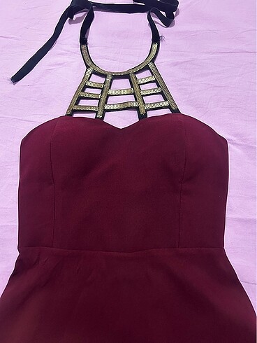 Bordo Boyundan Bağlamalı Elbise - Görsel 2