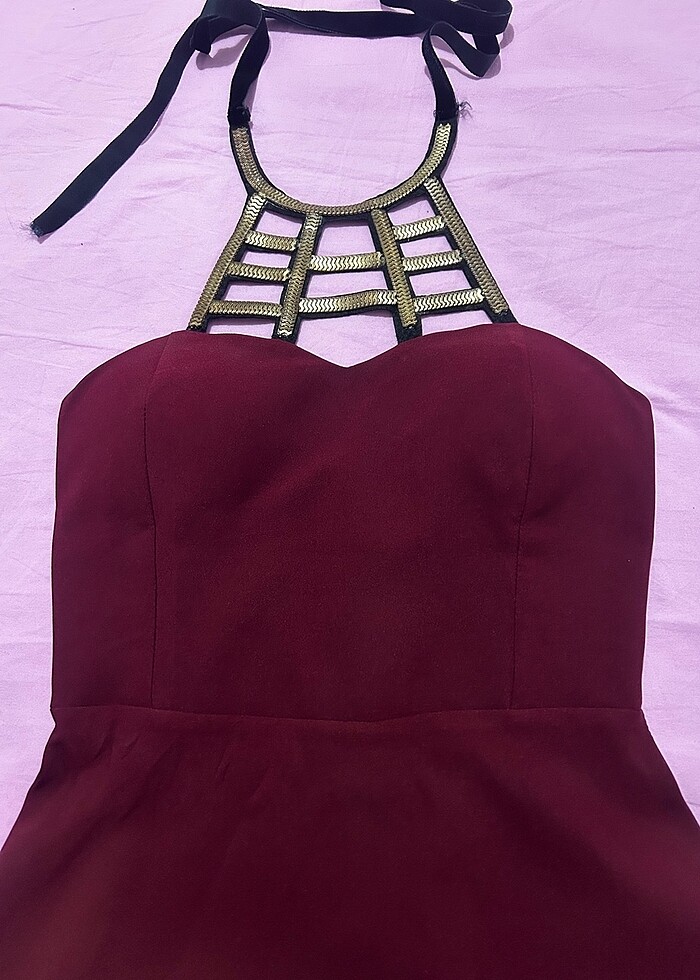 Bordo Boyundan Bağlamalı Elbise - Görsel 2