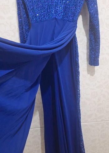 Mavi Uzun Kollu Kadın Abiye Elbise - Görsel 7