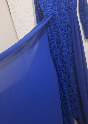 Mavi Uzun Kollu Kadın Abiye Elbise - Görsel 2