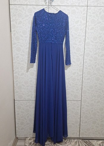 Mavi Uzun Kollu Kadın Abiye Elbise - Görsel 6